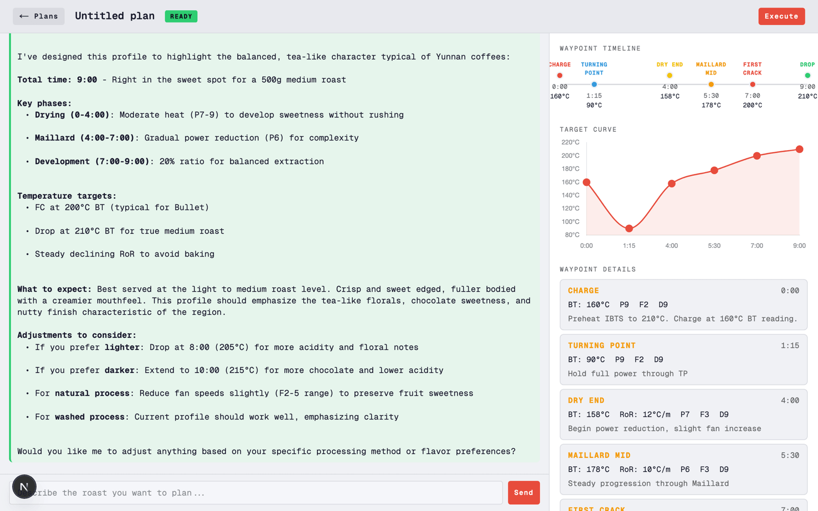 Bullet Claude v1 live roast dashboard with chart and live readings.