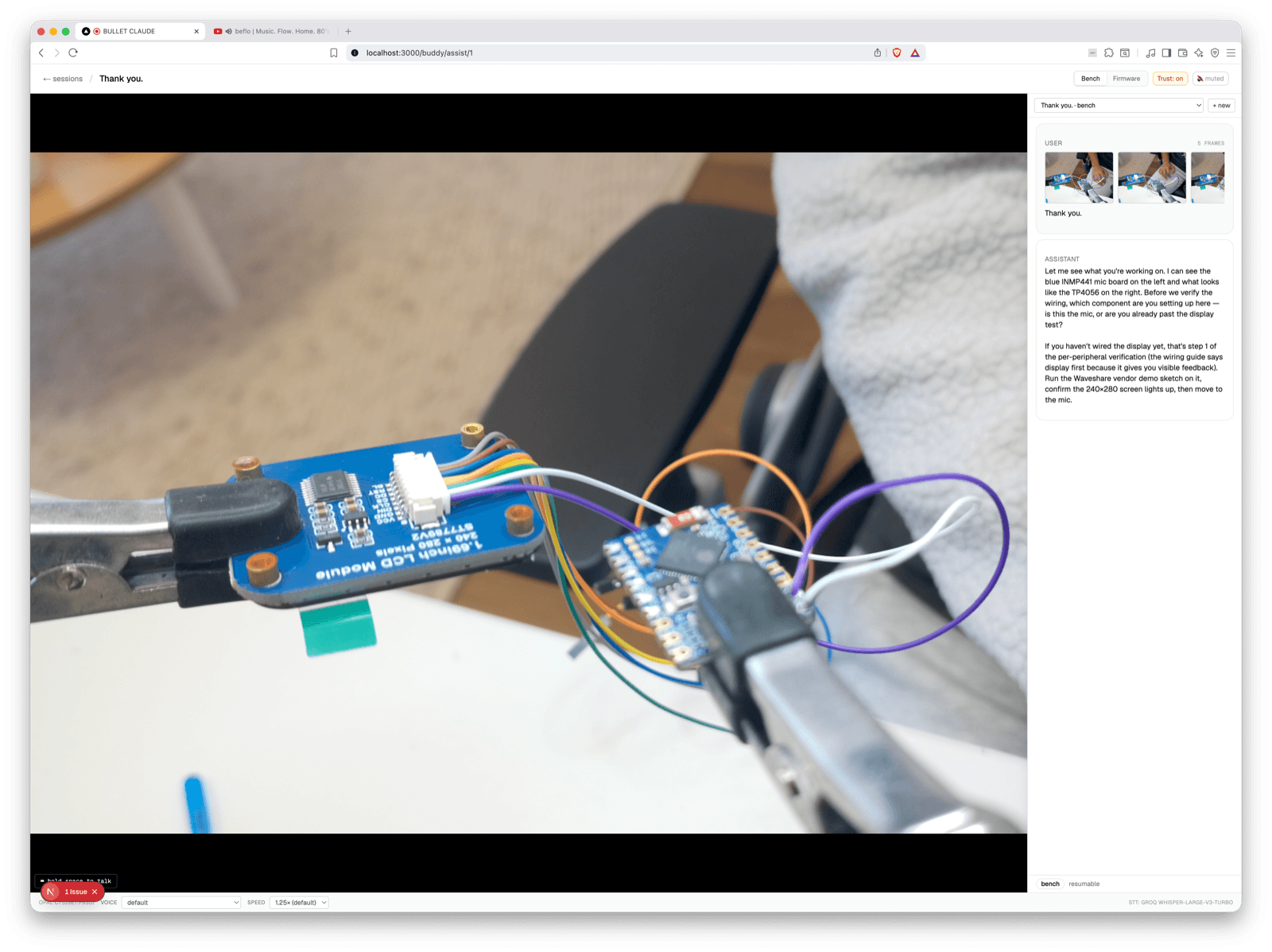 Close-up of the breadboard from a different angle — sensors clipped in by the alligator arms, wires running off the side.